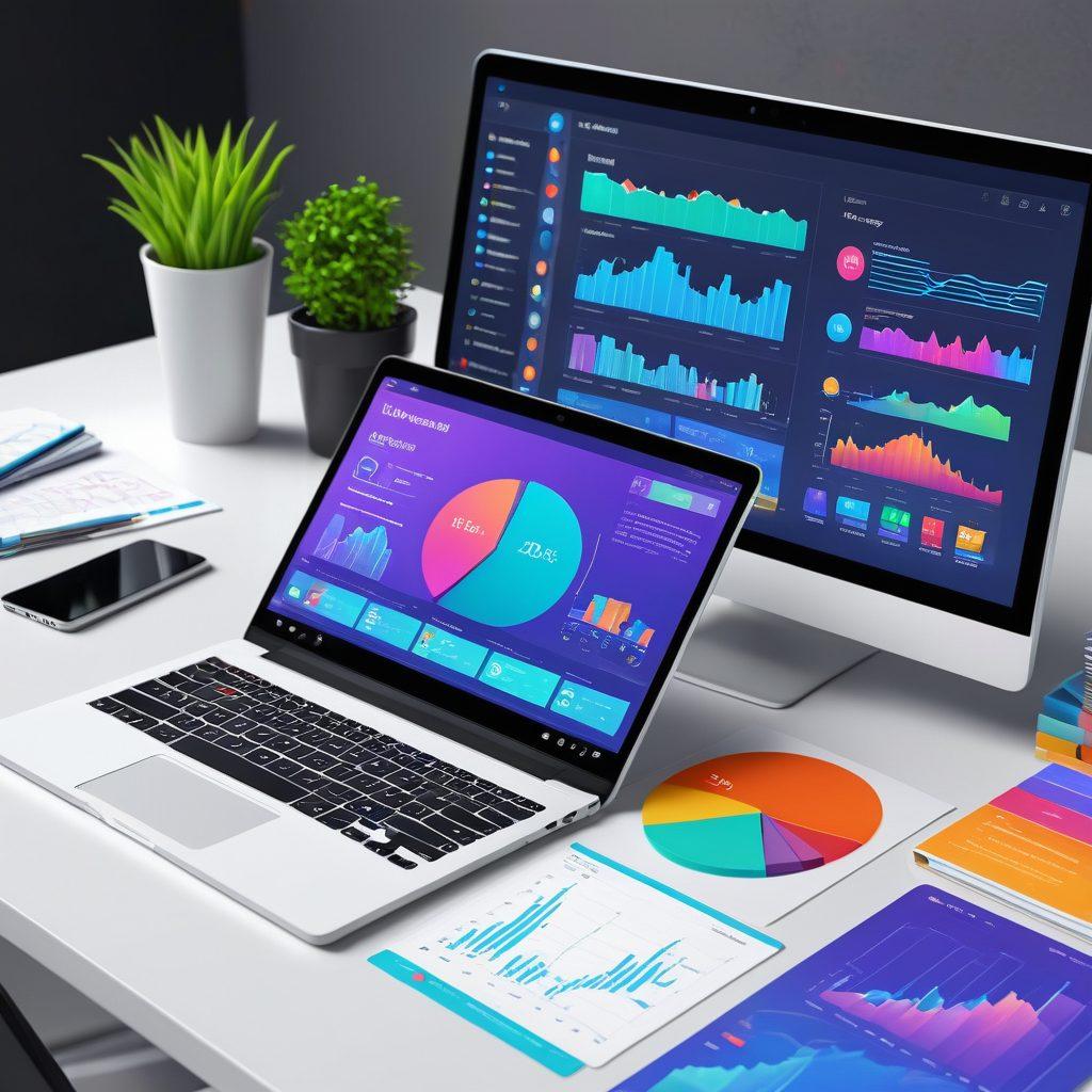 An elegant and modern digital workspace showcasing a laptop, tablet, and smartphone seamlessly connected, with beautifully designed web interfaces displayed on-screen. Include a team of professionals collaborating, surrounded by dynamic graphs, charts, and coding elements. Use a vibrant color scheme to exude creativity and innovation. 3D. vibrant colors.