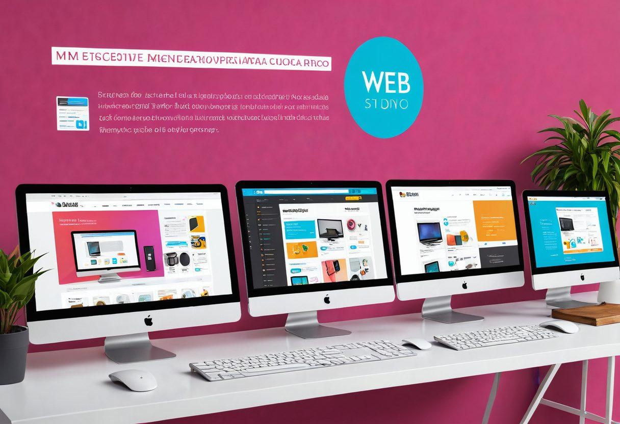 A sleek, modern web design studio with desks showcasing various devices (laptops, tablets, and smartphones) displaying beautiful websites and an e-commerce storefront. In the background, a large screen projects web development tools and code snippets. Dynamic and cohesive blend of design and functionality. super-realistic. vibrant colors. white background.